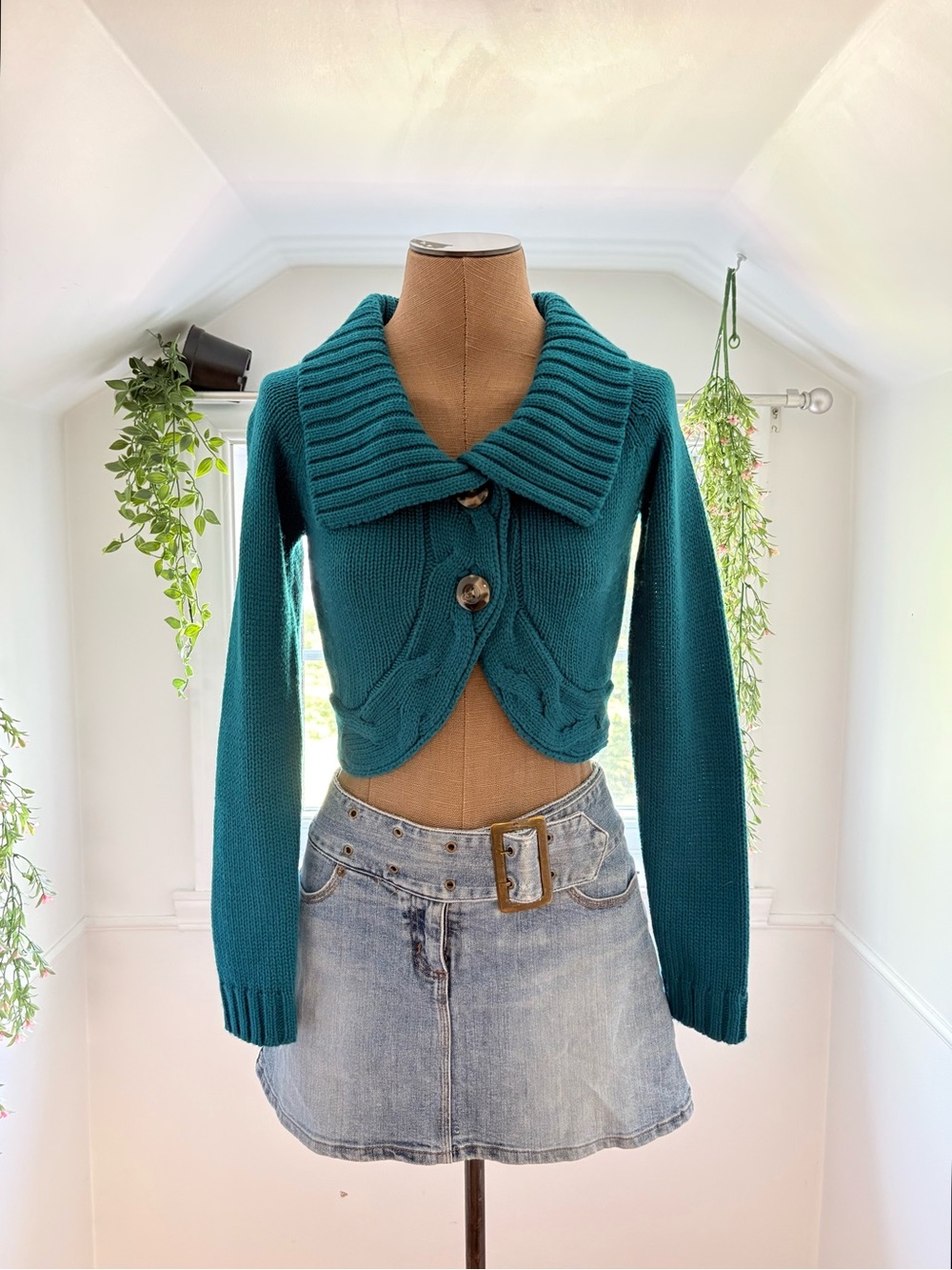 Cropped Teal Rib-Knit Button Cardigan